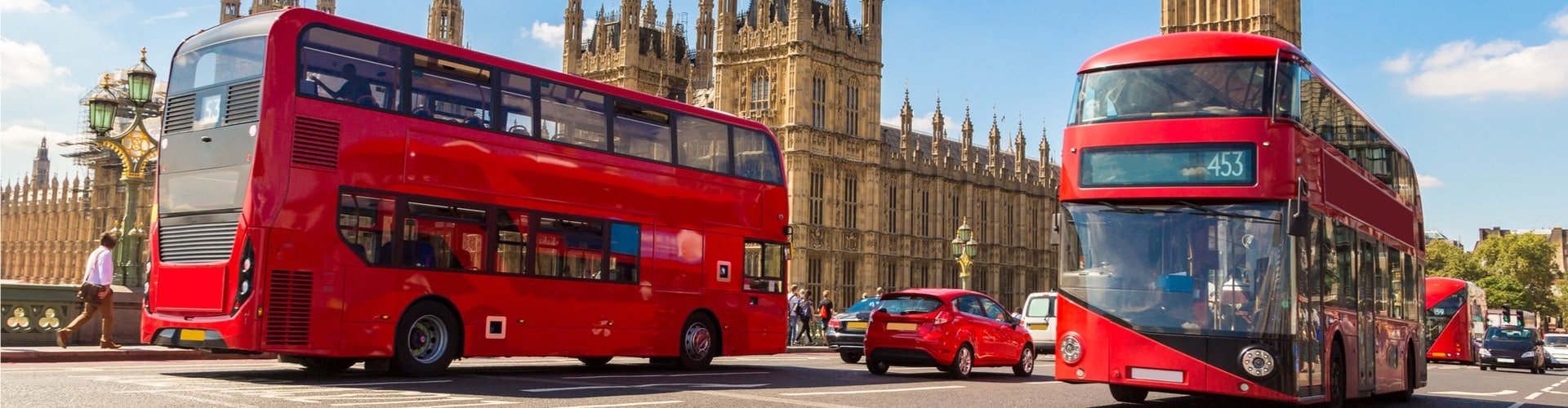 Big Ben, Westminster Bridge and red double decker bus in London, England (Resized)